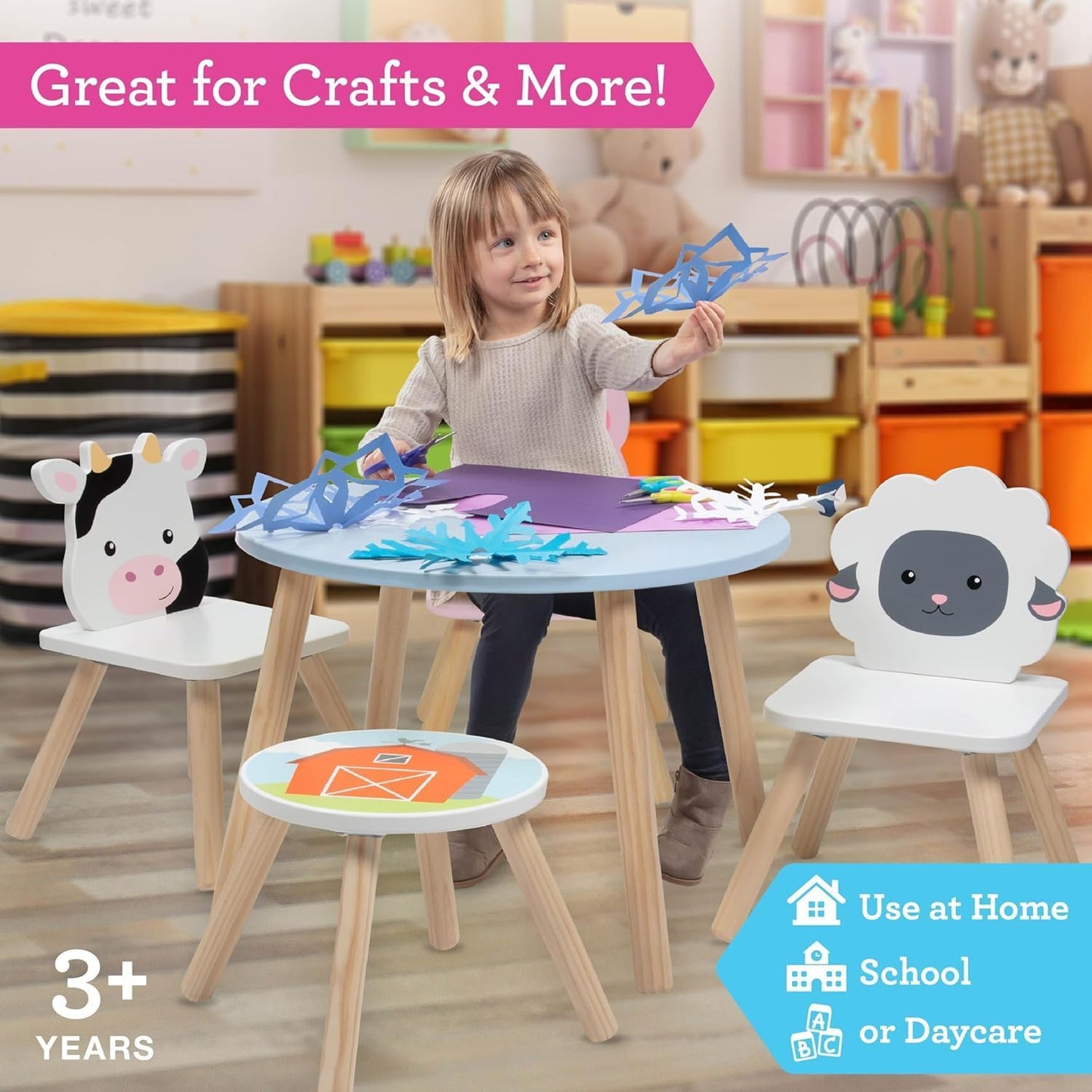 Kids Wooden Animal Table & Chair Set w 4 Seats- Cow Pig Sheep Plus Adult Stool for Arts Crafts, Dining, Pretend Play- Durable Playroom Furniture for Home, Daycare Classroom- Toddler Children Gift