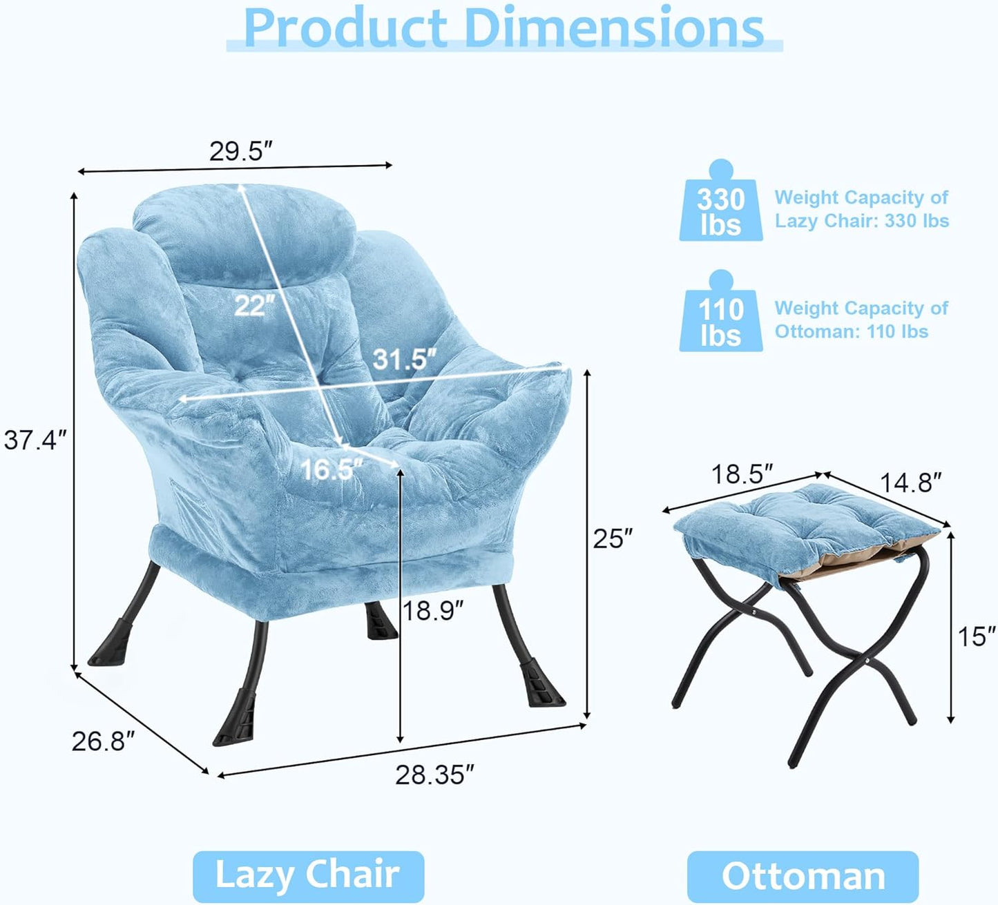 Fabric Lazy Chair with Ottoman, Oversized Upholstered Sofa Chair for Adults, Plush Comfy Lounge Chair with Large Side Storage Pocket, Reading Chair for Living Room, Bedroom, Study Room, Blue