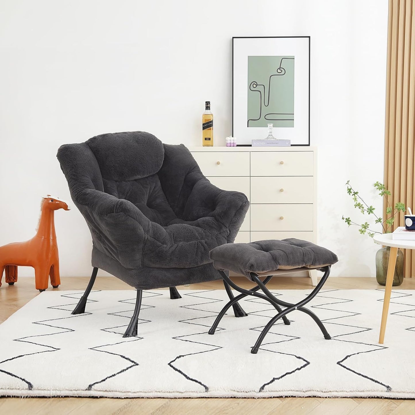 Lazy Chair with Ottoman, Modern Accent Chair Lounge Leisure Sofa Chair with Armrests, Reading Chair and Folding Footstool for Living Room, Bedroom, Office, Plush Navy