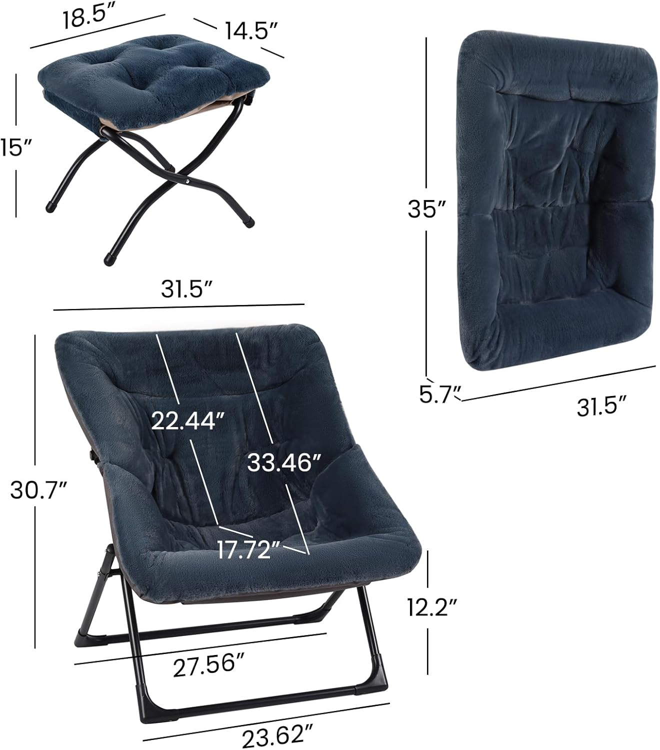 Comfy Saucer Chair for Adults, Soft Faux Fur Bedroom Chair with Ottoman, Accent Dorm Chairs, Living Room Reading Chairs and Footstool, Folding Lounge Seat for Teens, X-Large, Navy Blue