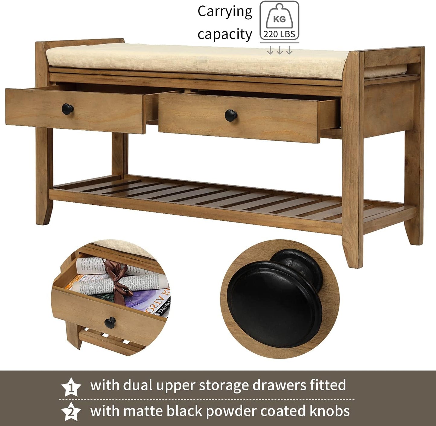39″ Storage Bench with Cushioned Seat and Drawers,Multipurpose Wooden Entryway Ottoman,Hidden Compartment Organizing Shoe Rack,for Bedroom Hallway Porch,Old Pine