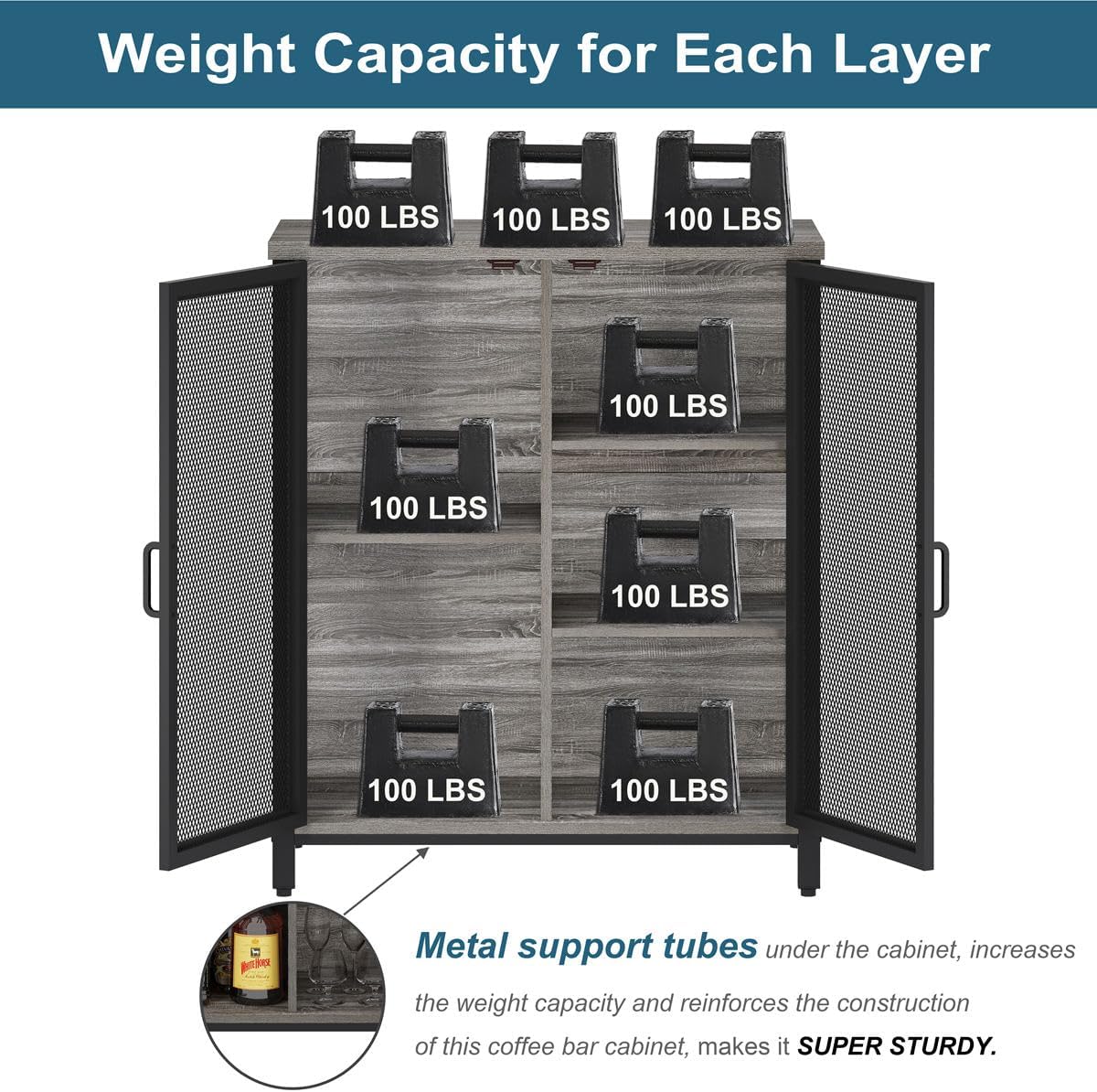 BON AUGURE Small Coffee Bar Cabinet for Liquor, Farmhouse Storage Cabinet with Doors, Wood Sideboard Buffet Cabinets for Home Kitchen, Dining Room, Living Room (Dark Grey Oak)