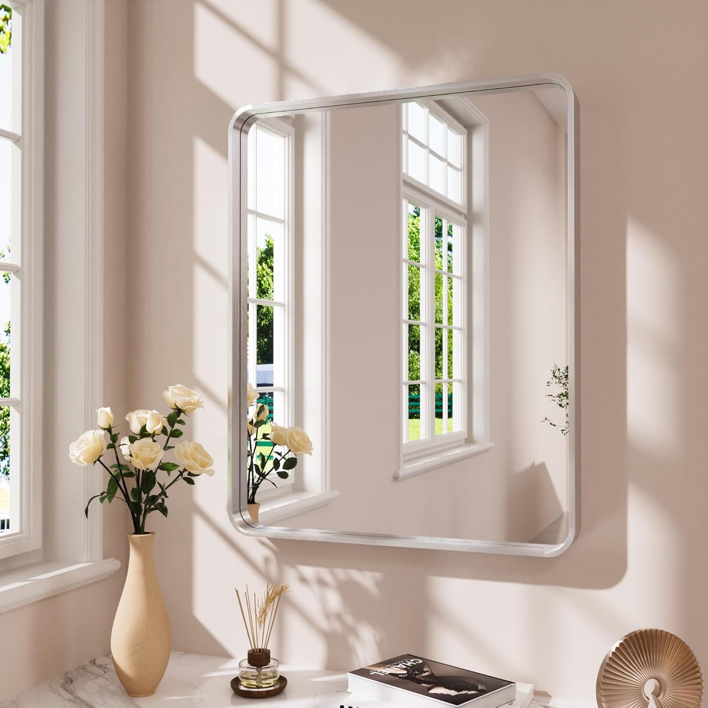 Brushed Nickel Bathroom Mirror 20x30 Inch, Brushed Silver Metal Frame Mirror Wall Mounted, Rounded Rectangle Bathroom Vanity Mirror, Tempered Glass, Anti-Rust, Horizontal/Vertical