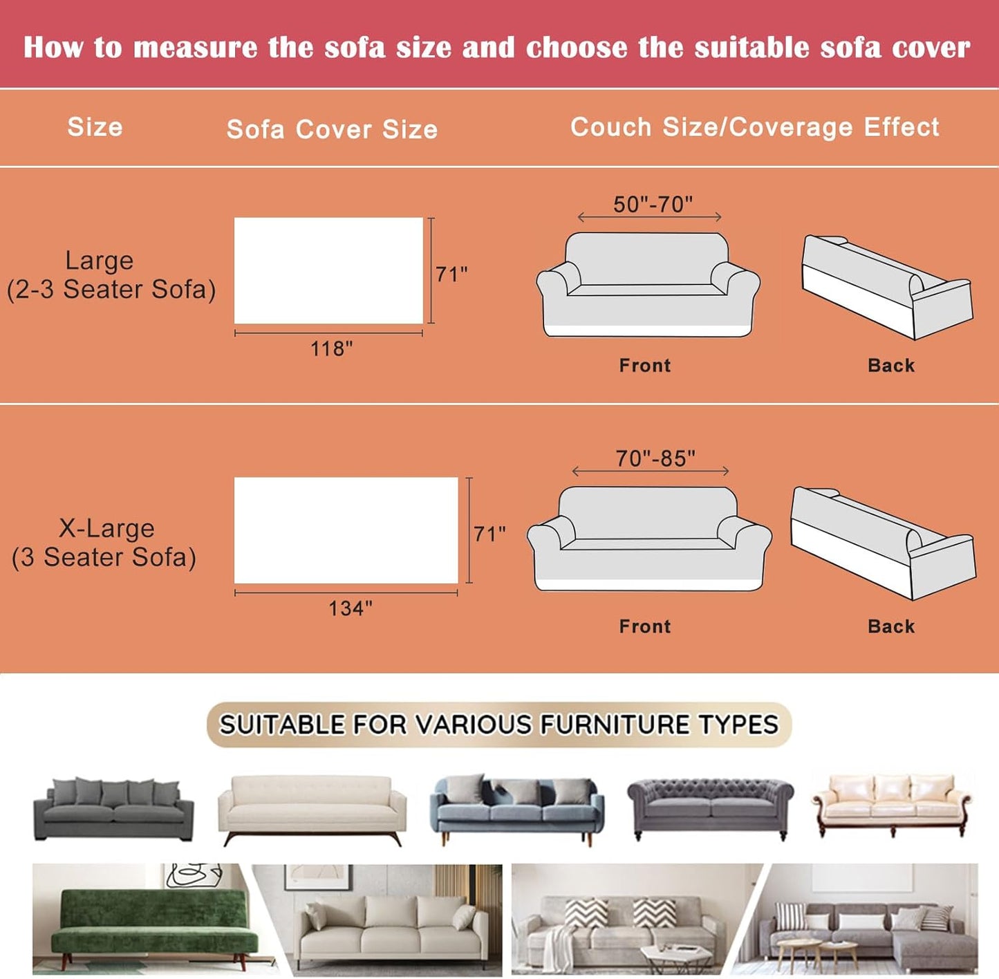 VM VOUGEMARKET Orange Sofa Cover for 3 Cushion Large Chenille Couch Cover Dog Proof Furniture Cover L Shaped Sofa Throw Cover Sectional Couch Cover-71 x 134,Burnt Orange