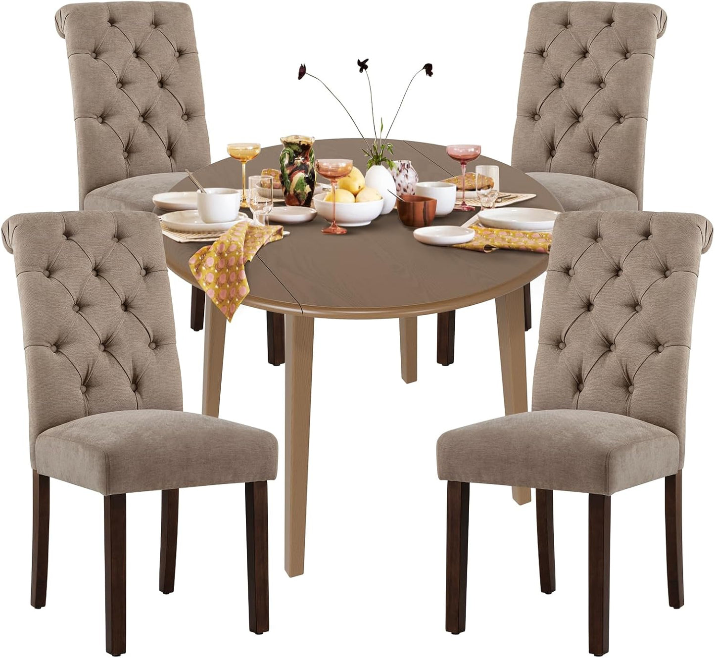 COLAMY 5-Piece Round Dining Table Set for 4, 36" Kitchen Extendable Wood Table with 4 Tufted Dining Room Chairs,Light Brown/Taupe