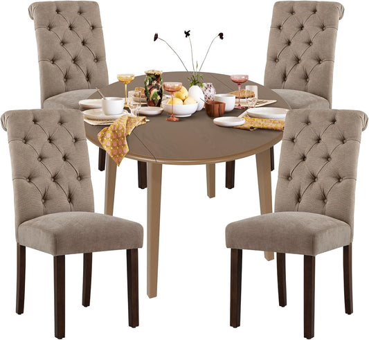 COLAMY 5-Piece Round Dining Table Set for 4, 36" Kitchen Extendable Wood Table with 4 Tufted Dining Room Chairs,Light Brown/Taupe