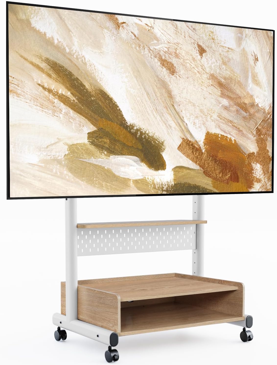 FITUEYES Rolling TV Floor Stand for 40-85in TVs, Heavy Duty Mobile TV Stand on Wheels Lockable, TV Cart with Wooden Large Storage Shelf & Pegboard Hold up to 132 lbs for Bedroom, Living Room, Office