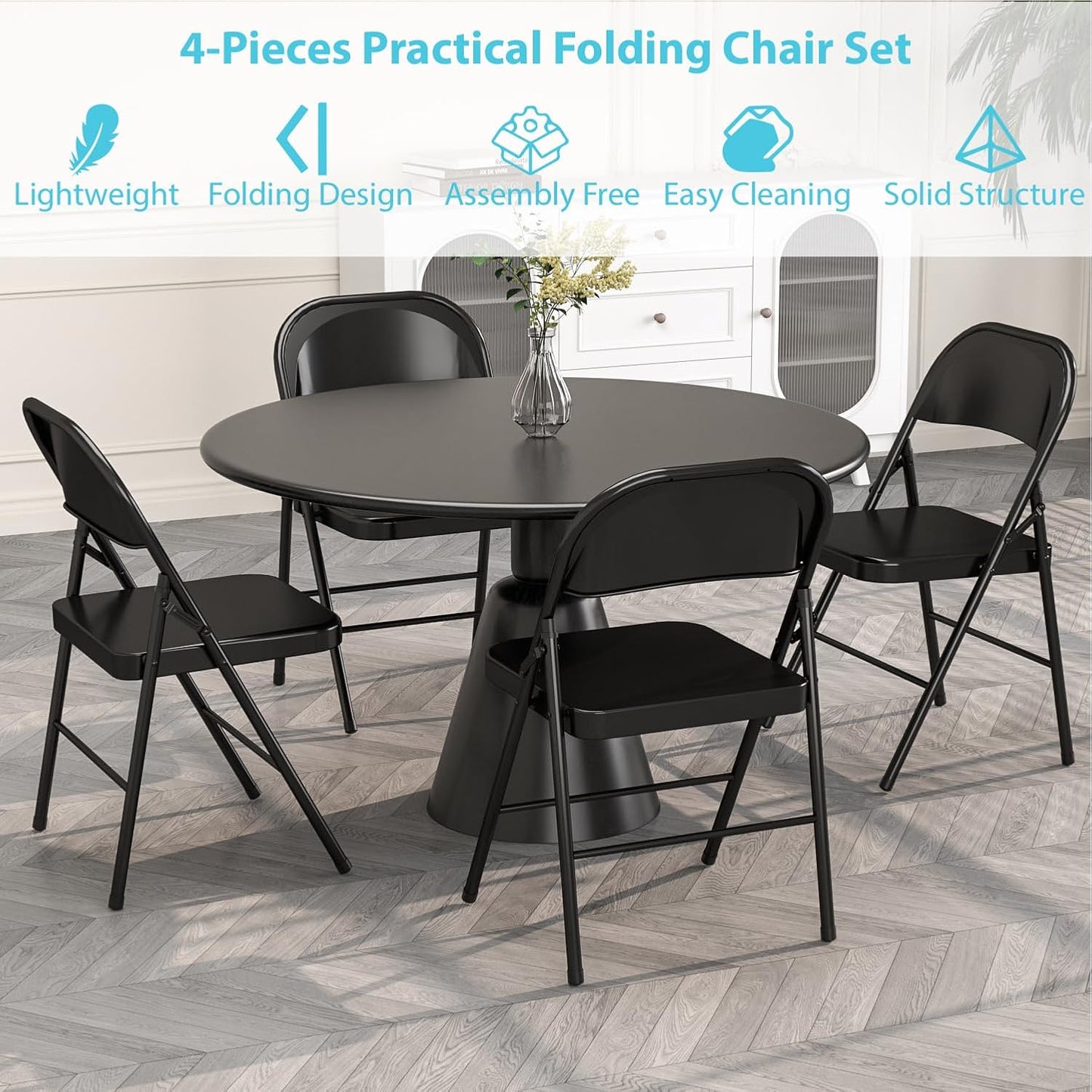 Metal Folding Chairs Steel Frame with Double Hinged for Office Kitchen Dinning Wedding Patio and Garden,No Assembly, Set of 4, Black