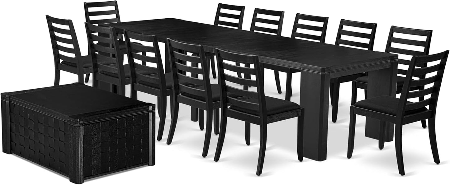 X12X1-0C6-24 14-pc Modern Dining Room Table Set a Rectangular Dining Table with a coffee Table and 12 Black Polyester Stackable Chair, 39x120 Inch, Wire Brushed Black