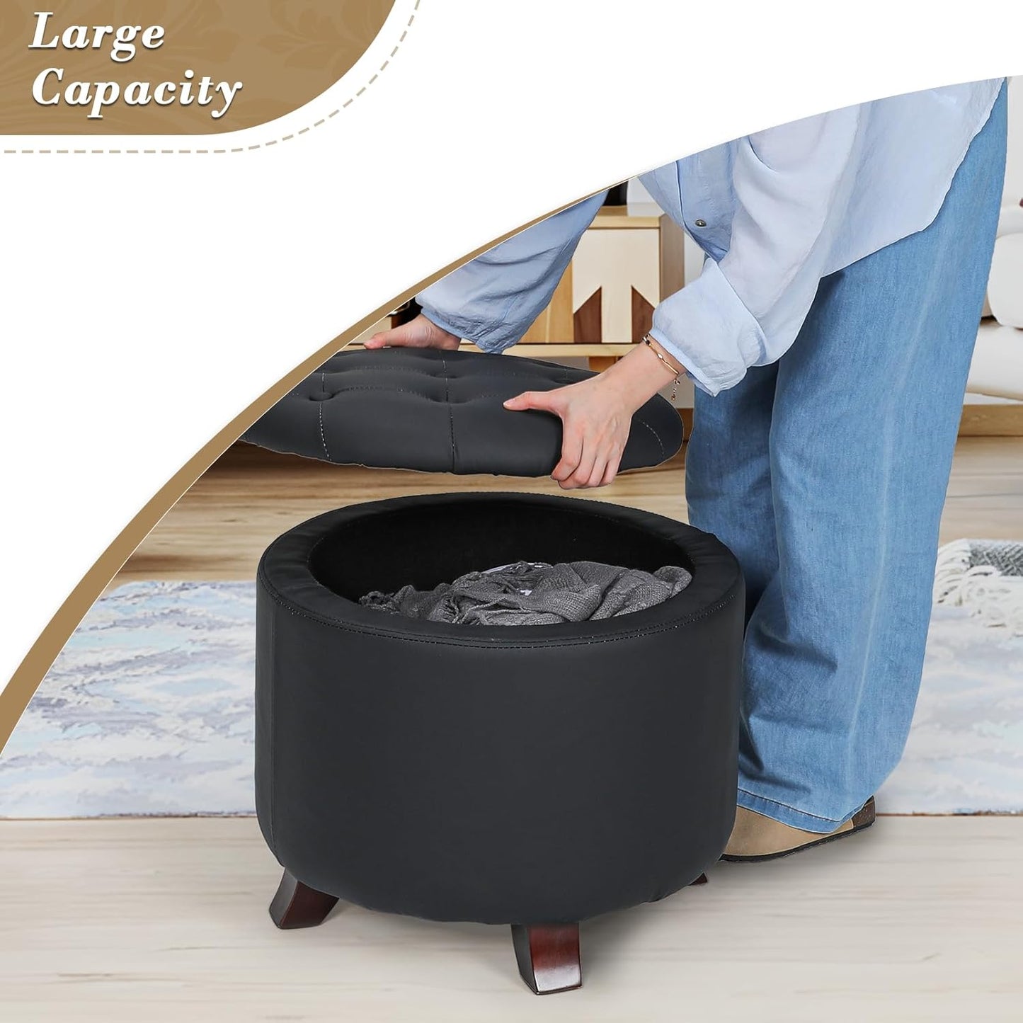 Athena Collection 20 Inch Small Ottoman with Storage, Round PU Leather Storage Ottoman with Removable Lid, Stylish Footstool Foot Rest for Living Room, Bedroom, Dorm, Black