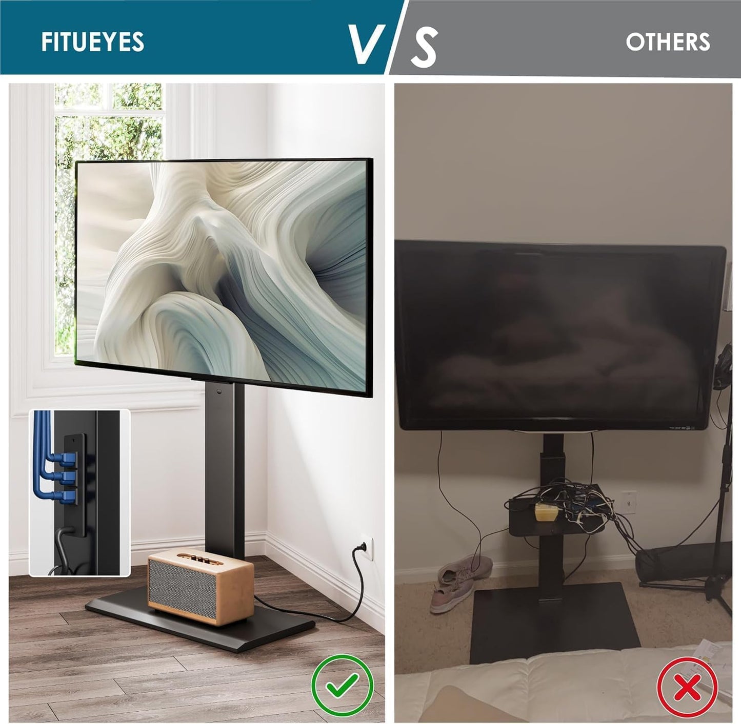 FITUEYES Iron Base Floor TV Stand with Power Strip, Tall TV Stand with Swivel Mount for 50-85 Inch Plasma Flat Panel or Curved Screen TVs Height Adjustable Wire Management MAX VESA 800x400 mm