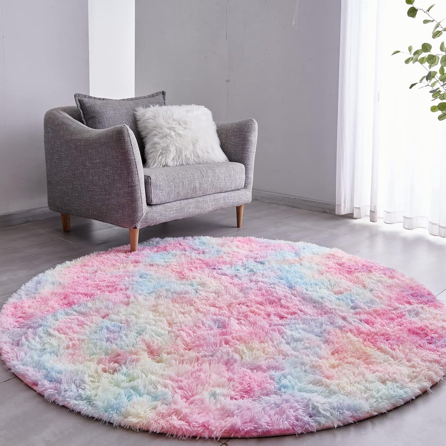 FJZFING Rainbow Round Rug Ultra-Soft Plush Modern 6x6 Circle Area Rug for Kid's Bedroom, Fluffy Shag Circular Rug for Nursery Room, Non-Slip Home Decor Colorful Carpet for Teen's Room