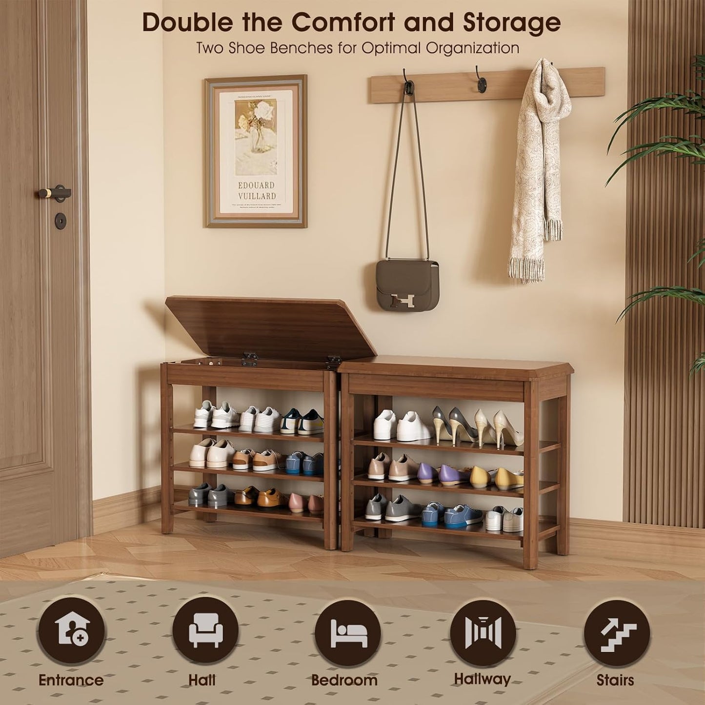 Shoe Rack Bench Seat Rubberwood 3-Tier Wooden Storage Bench 550lbs Compact Mid-Century Modern Design for Entryway, Hallway, Closet, Front Door Entrance, Foyer