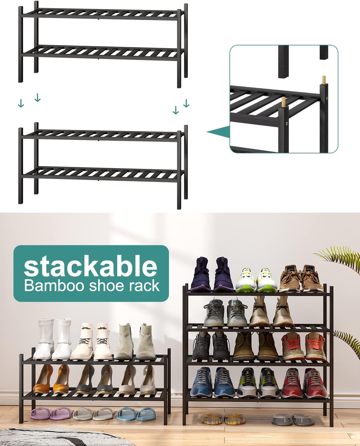 2-Tier Black Bamboo Shoe Rack for Entryway, Stackable | Foldable | Natural, Shoe Shelf Storage Organizer for Hallway Closet, Free Standing Shoe Racks for Indoor Outdoor