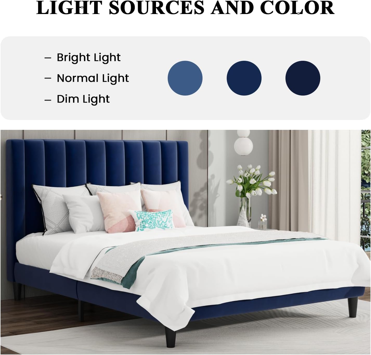 SHA CERLIN Full Bed Frame/Velvet Upholstered Platform Bed Frame with Headboard/Strong Wood Slats Support/Mattress Foundation/No Box Spring Needed - Dark Blue