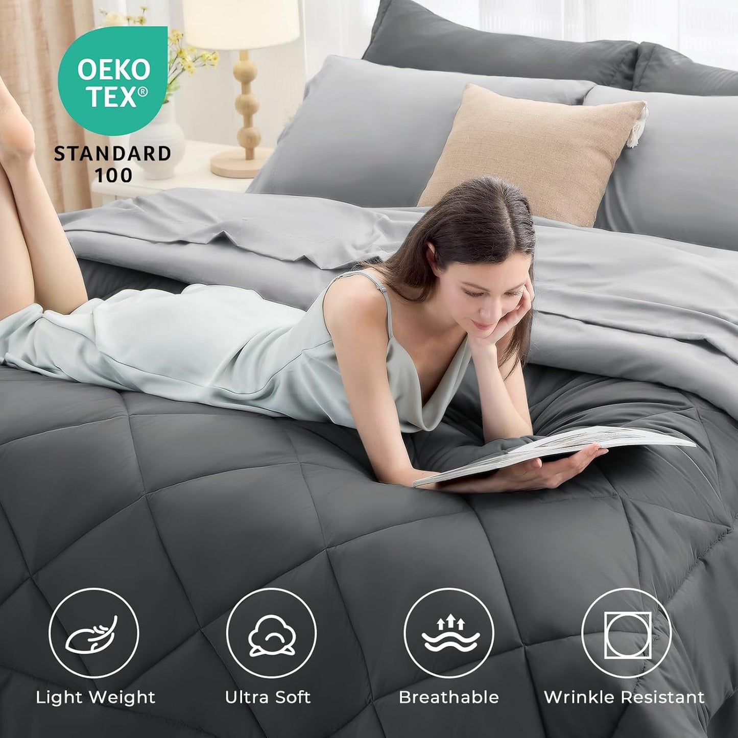 HEVUMYI Oversized Queen Comforter Set - 7-Piece All Season Bed in a Bag Oversized Queen, Ultra Soft Bedding Set with Comforter, Flat Sheet, Fitted Sheet, Pillowcases, Dark Grey & Light Grey