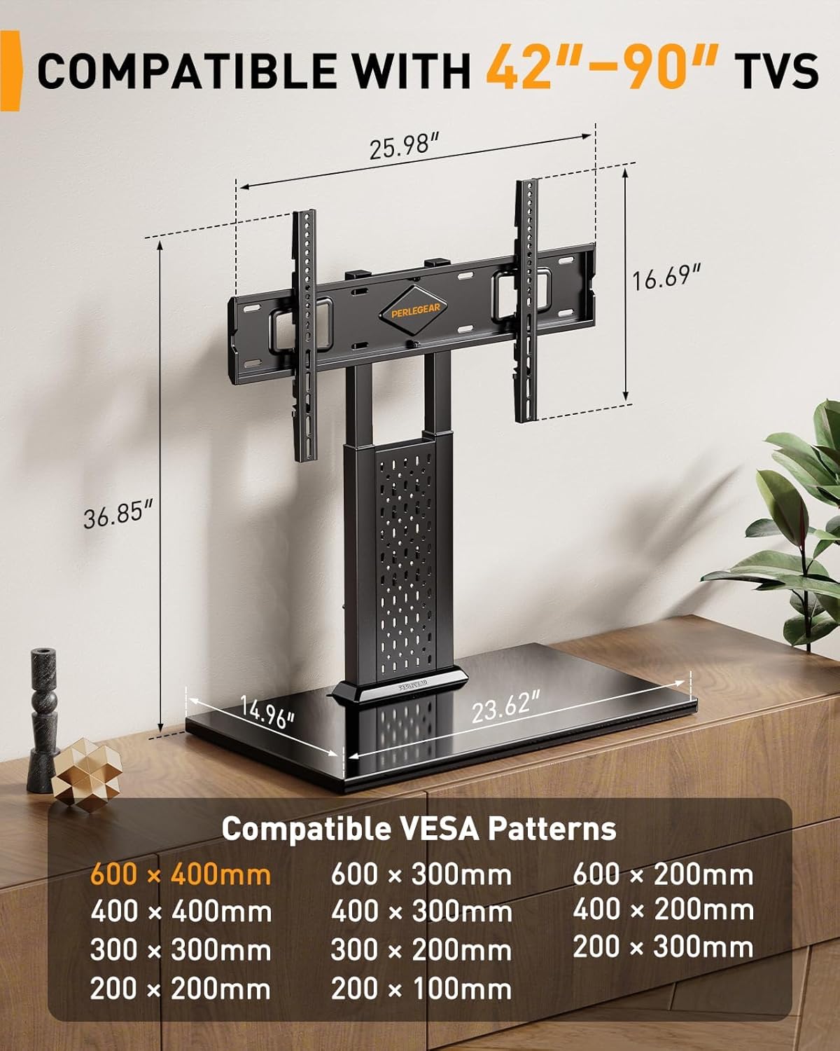 Perlegear Universal Swivel TV Stand with Pegboard Storage, Height Adjustable Table top TV Stand Mount for 42-90 Inch TVs, up to 150 lbs with Large Glass Base for Stability, Max VESA 600x400mm PGTVS36
