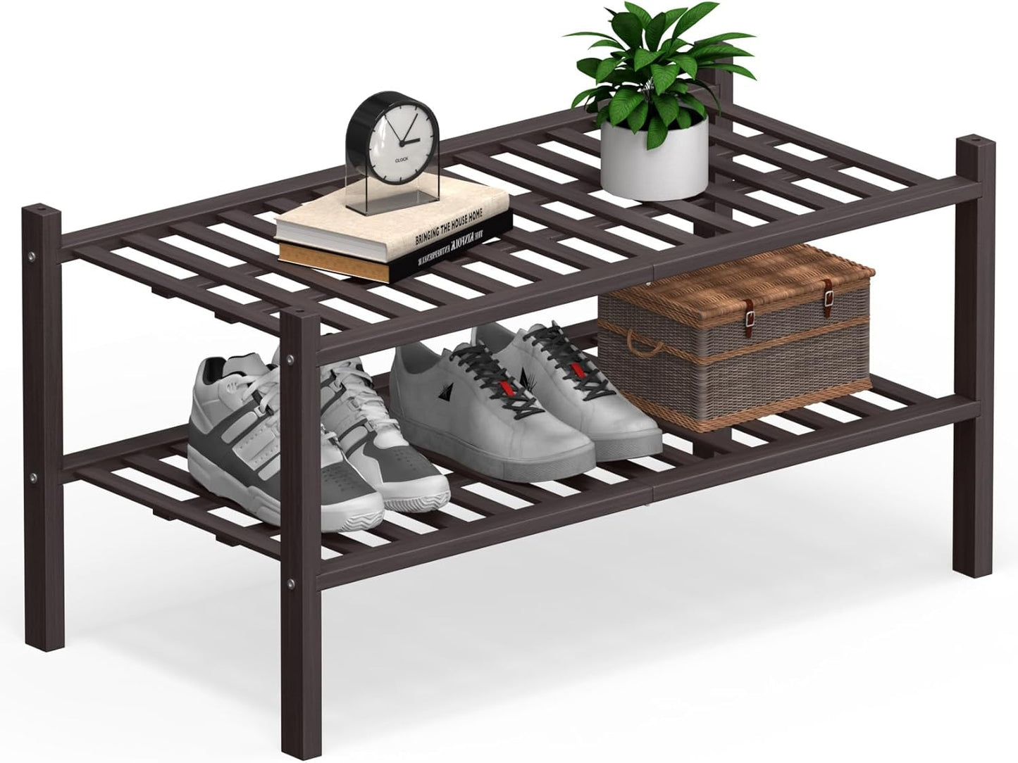 Haddockway Large 2 Tier Bamboo Shoe Rack Storage Organizer, Multifunctional Free Standing Stackable Shoe Shelf with Grid Panel for Closet,Hallway,Entryway,Small Space 27"x12"x14"(Brown, 2-Tier(Large))