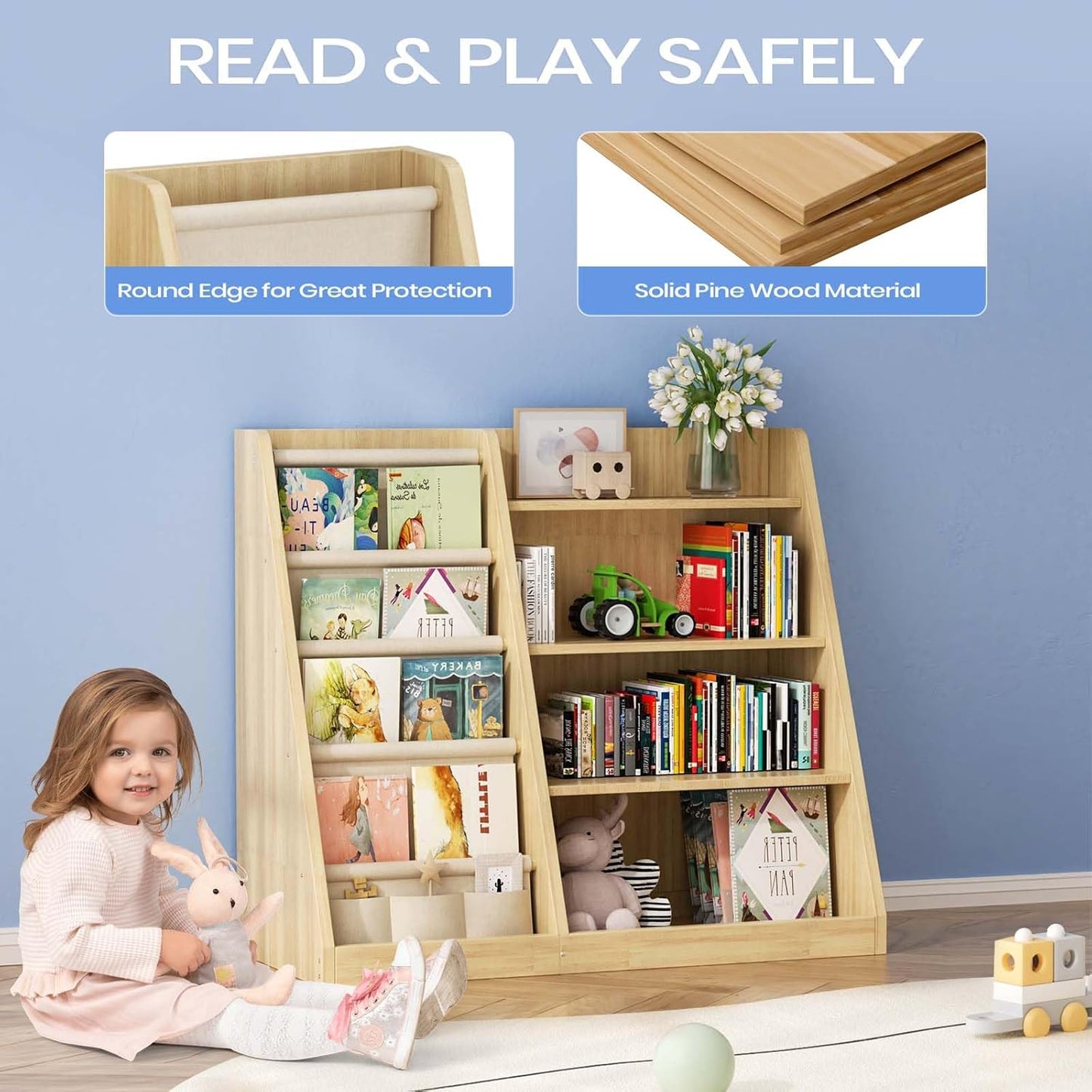 Kids Bookshelf and Toy Storage Organizer, 4 Tier Wooden Kids Book Shelf with Sling Book Rack in Kids Room Playroom Nursery for Kids, Children, Toddlers