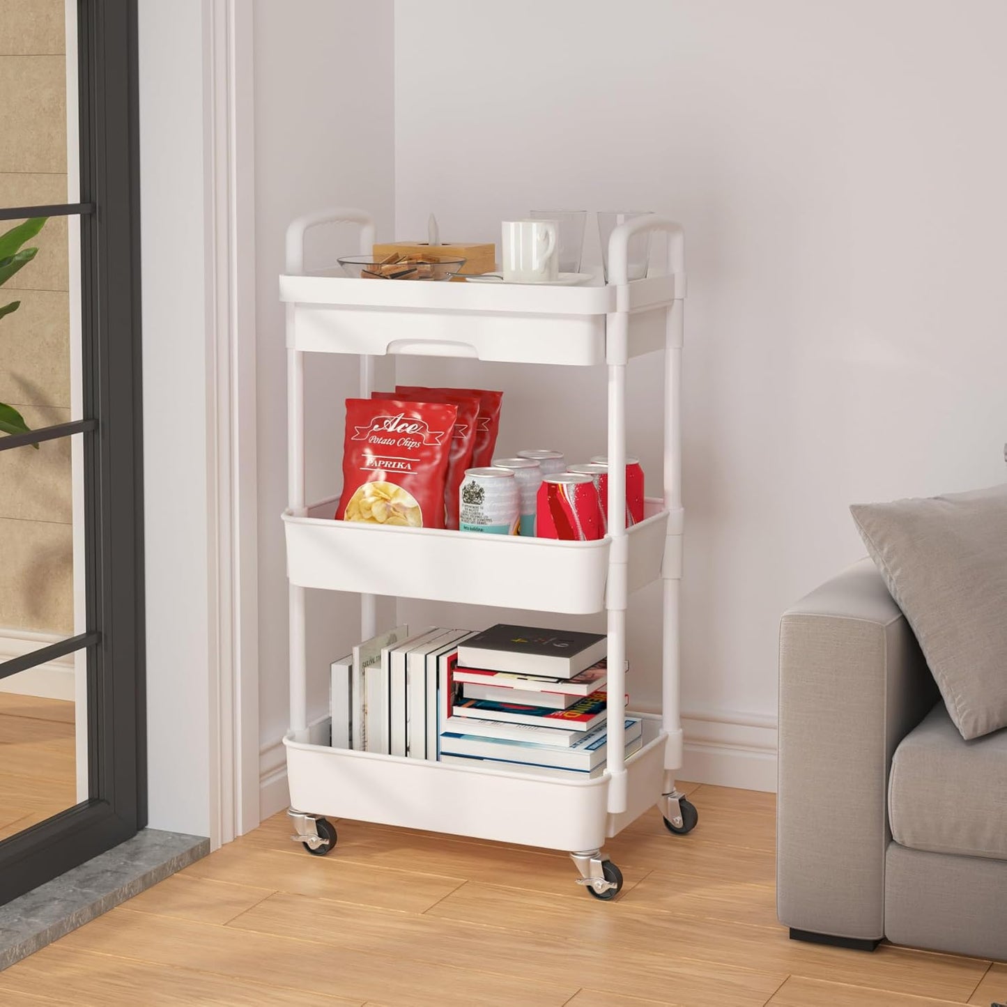 Calmootey 3-Tier Rolling Utility Cart with Drawer,Multifunctional Storage Organizer with Plastic Shelf & Metal Wheels,Storage Cart for Kitchen,Bathroom,Living Room,Office,White