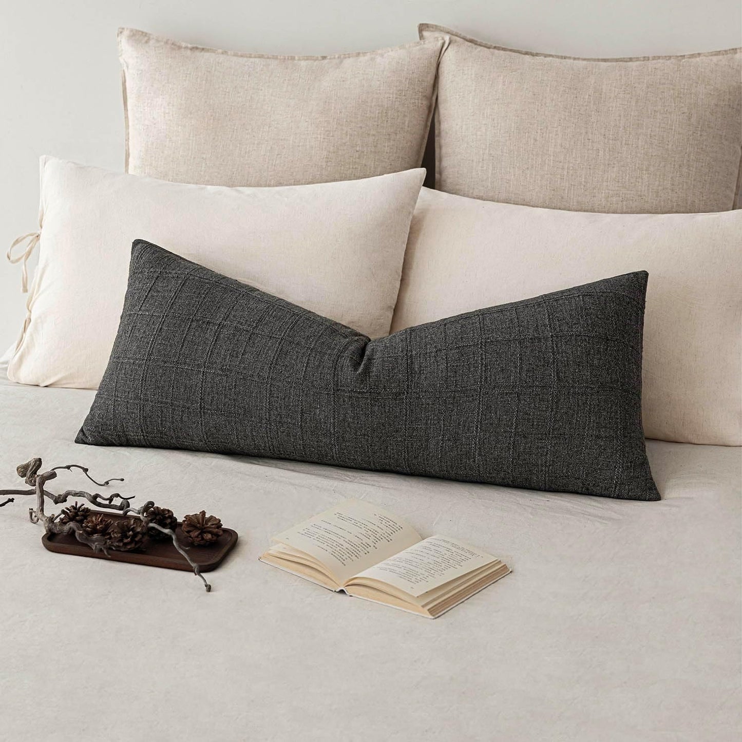 Foindtower Set of 2 Decorative Linen Check Throw Pillow Covers Neutral Long Body Lumbar Cushion Covers Farmhouse Vintage Home Decor For Sofa Chair Couch Bedroom Living Room Outdoor,14×36 Inch,Charcoal