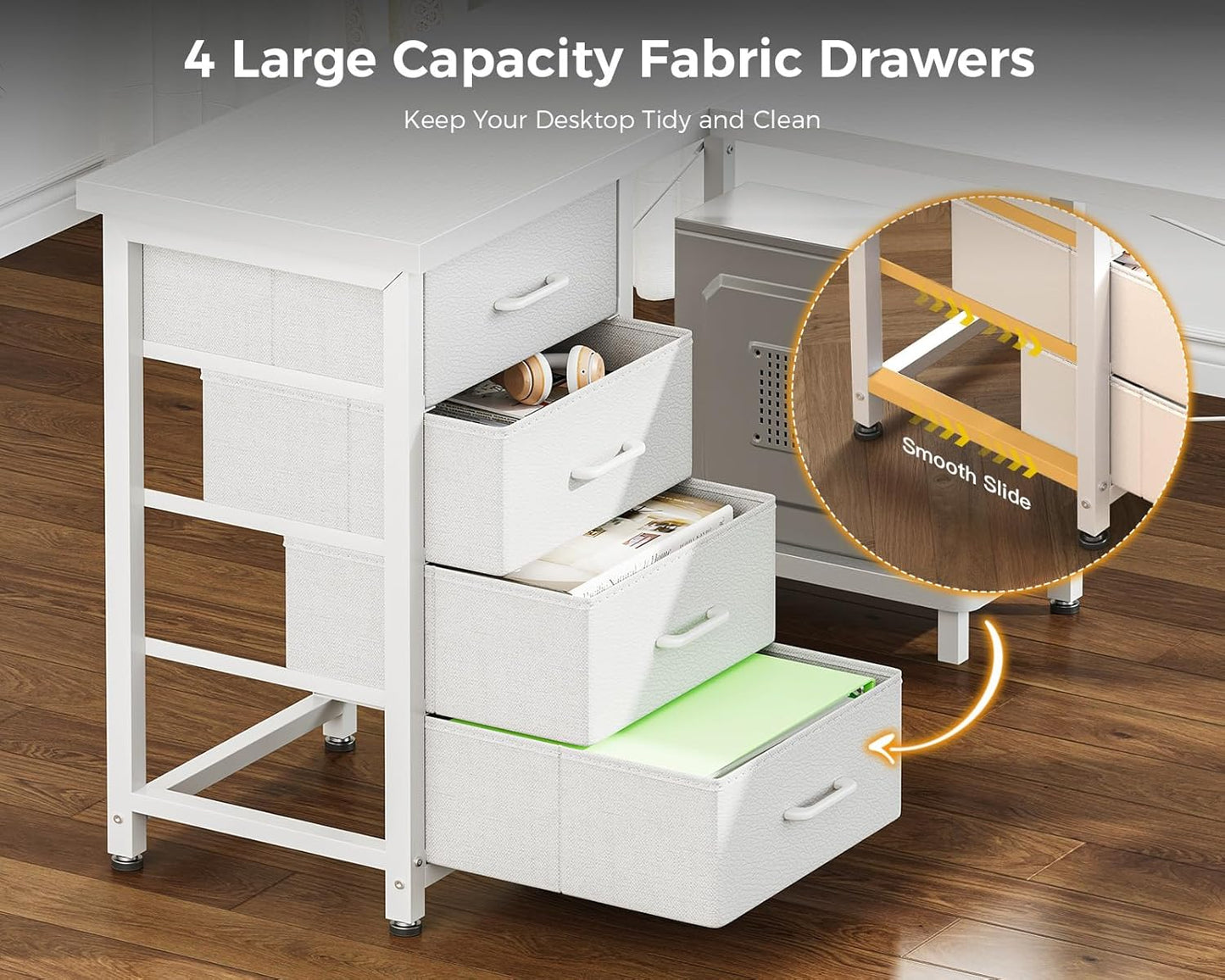 AODK L Shaped Desk with 4 Tier Drawers, 61" Reversible Gaming Desk with Power Outlets, L Shaped Computer Desk with USB Charging Port and Host Stand, Home Office Corner Desk, Easy to Assemble, White