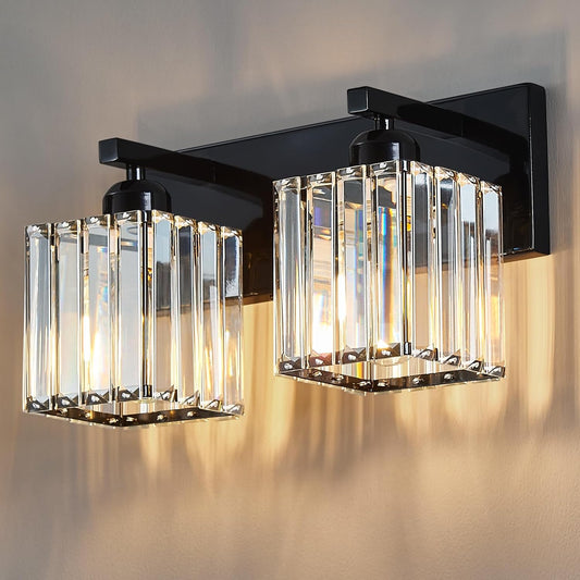 Modern Bathroom Vanity Light 2-Lights Plating Black Crystal Bathroom Wall Light Vanity Light Fixtures