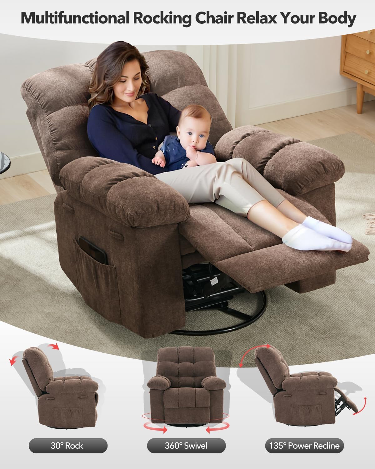 Rocking Recliner Chair,360° Swivel Rocker Chair for Living Room,Upholstered Fabric Glider Nursery Chair with Side Pockets for Small Spaces,Q235 Steel Frame Lazy Boy Recliner Single Sofa(Brown)