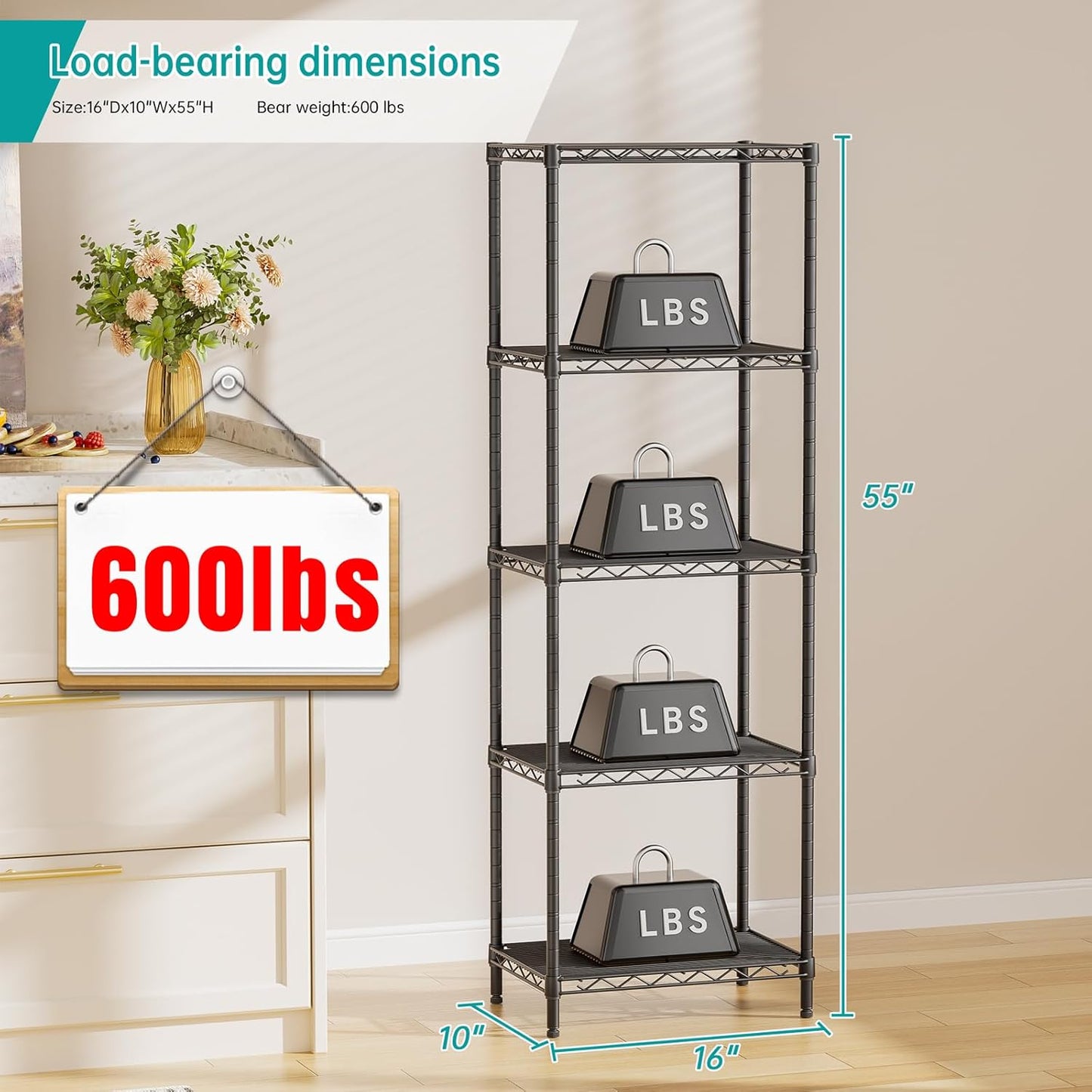 SINGAYE 5 Tier Shelf Wire Shelving Adjustable Storage Shelves Rack Standing Units for Kitchen Closet Laundry Bathroom Organizers Metal Pantry Narrow Mesh Gaps 10" D x 16" W x 55" H Black