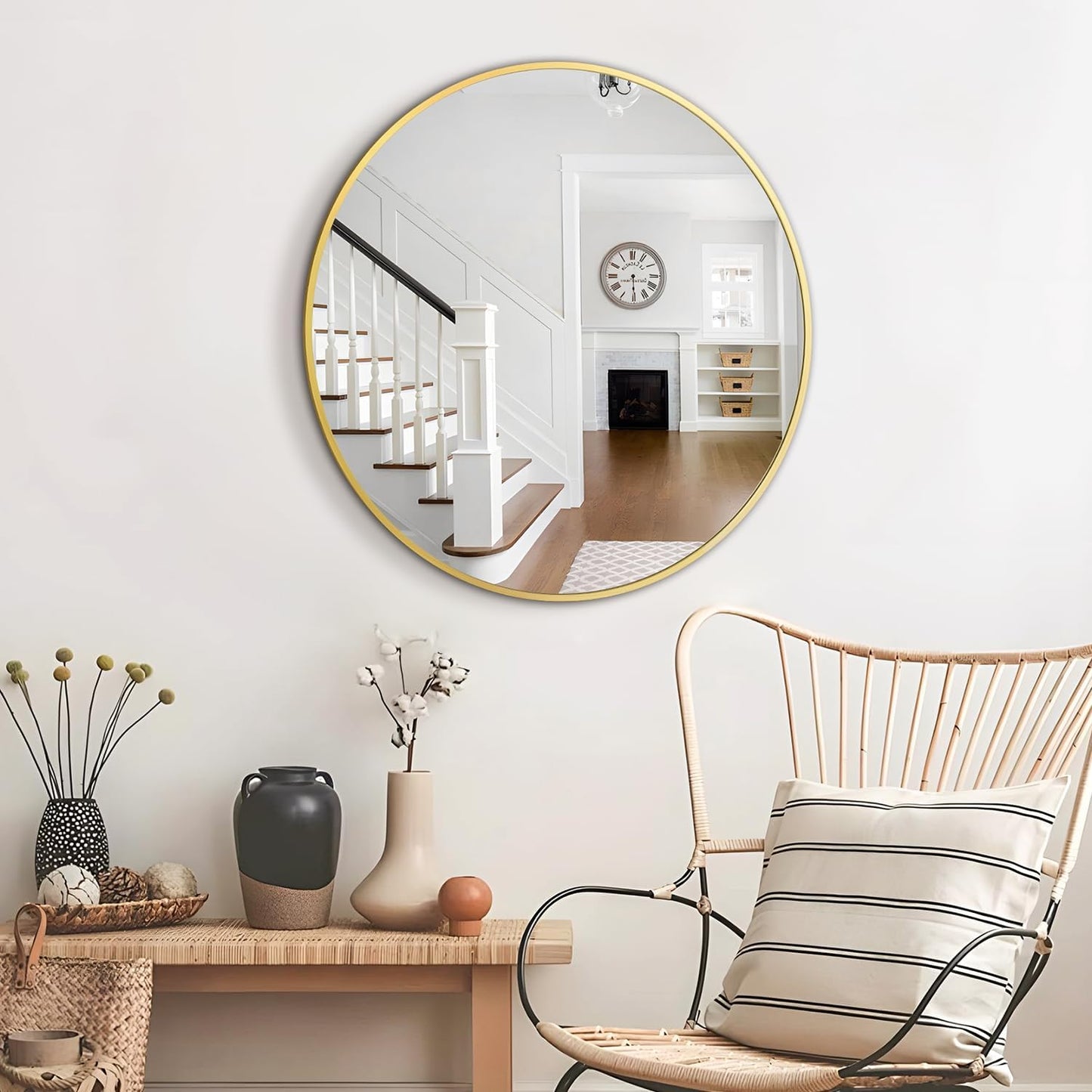 Circular Mirror Gold Round Mirror 18 Inch Round Bathroom Mirror Wall Mirrors Brushed Metal Frame Anti-Rust Tempered Glass for Bathroom Bedroom Entryway Living Room