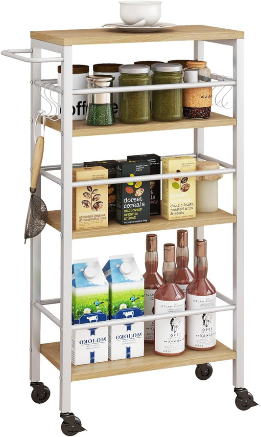 IBUYKE 7.8" Slim Rolling Cart,4 Tier Metal Kitchen Laundry Storage Cart,Industrial Narrow Utility cart,Trolley with Handle and Wooden Tabletop,for Kitchen, Living Room,Bathroom,Natural UTMJ065R