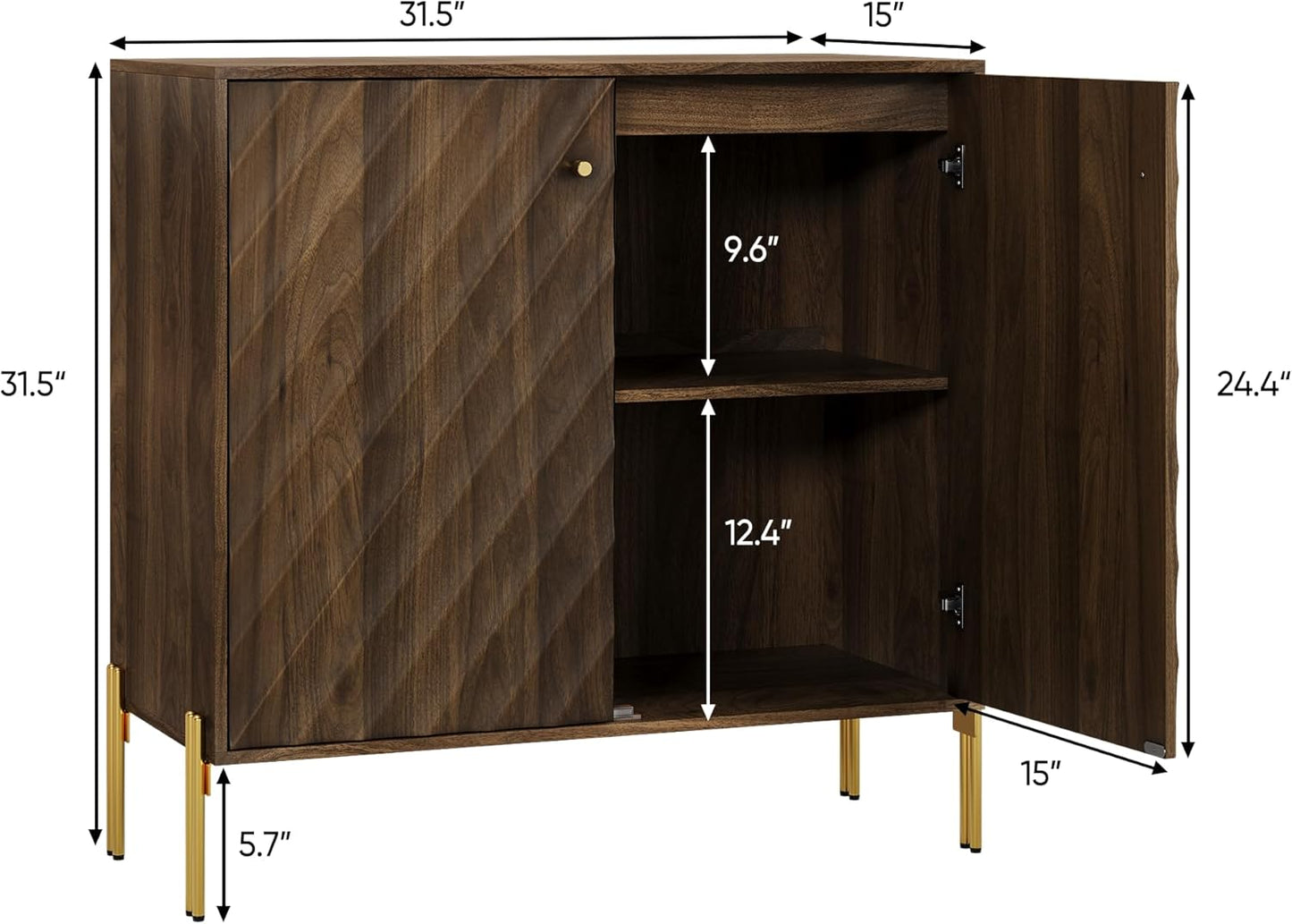 Smuxee Walnut Sideboard Cabinet, Freestanding Buffet Cabinet with Golden Metal Feet, Wood Storage Cabinet with Adjustable Shelf for Living Room, Entryway, Hallway