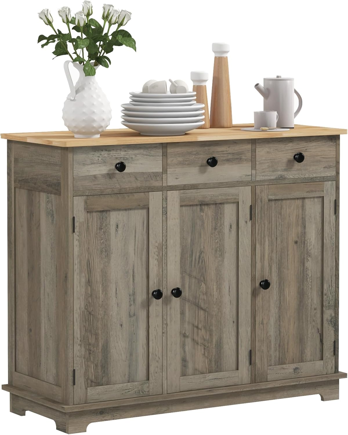 HOMCOM Sideboard with Solid Wood Countertop, Modern Kitchen Storage Cabinet, Coffee Bar Cabinet with 3 Drawers, Doors and Adjustable Shelf, Distressed Gray