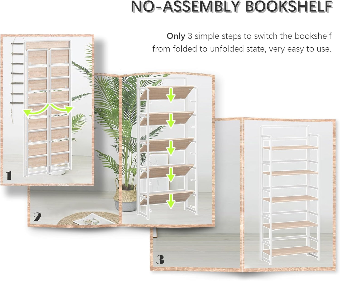 4NM No-Assembly 5 Tiers Folding Bookshelf Storage Shelves Vintage Bookcase Standing Racks Study Organizer Home Office (Natural White)