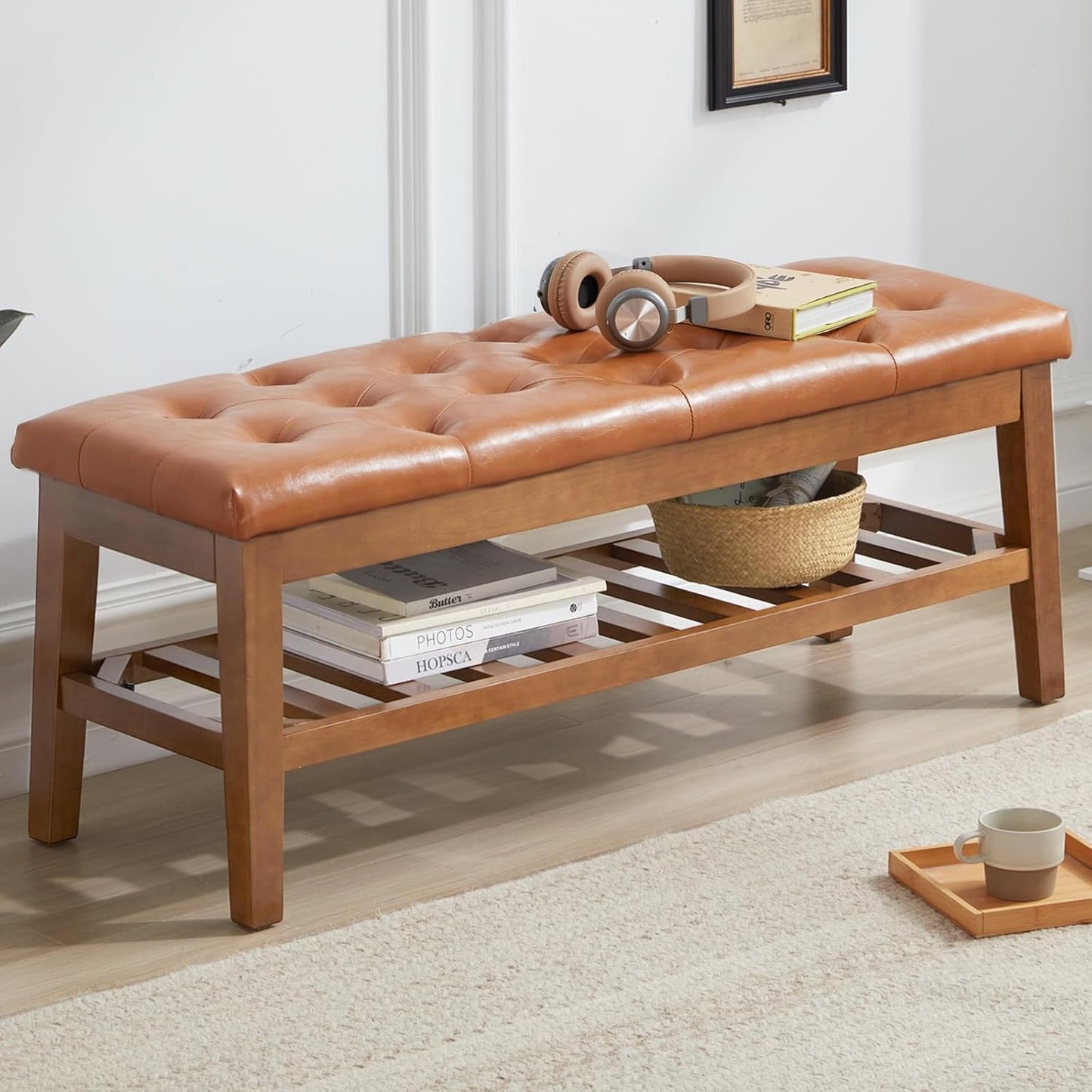 Upholstered Shoe Bench Entryway Bench for Bedroom, End of Bed, Ottoman Bench Tufted Padded Seat with Solid Wood Shelf for Living Room, Faux Leather Cognac Brown