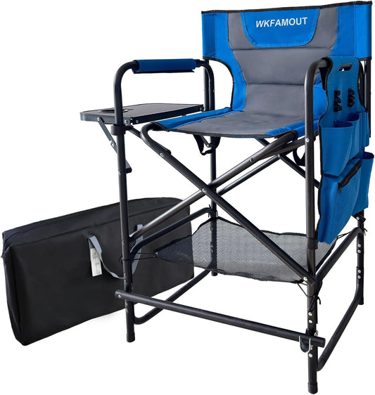 Tall Folding Directors Chair with Side Table 26.77" Seat Height Foldable Camping Chair Bar Stool for Makeup Artist Face Painting with Footrest and Storage Pocket Supports 350LBS