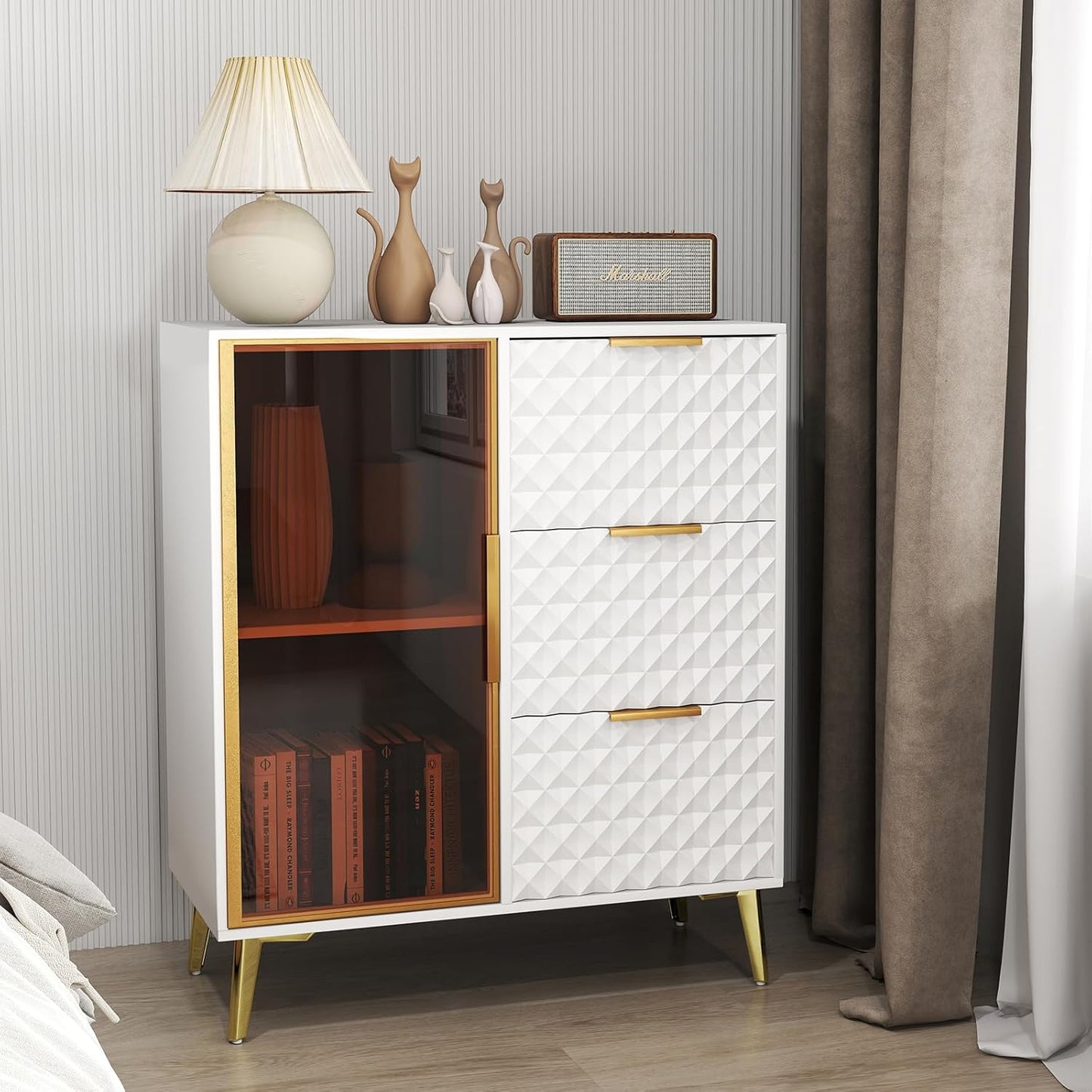 Rovibek Modern Sideboard Cabinet with Storage, Small Kitchen Buffet Cabinet with Glass Door & 3 Drawers, 31" Accent Sideboard Buffet for Kitchen, Living Room, White