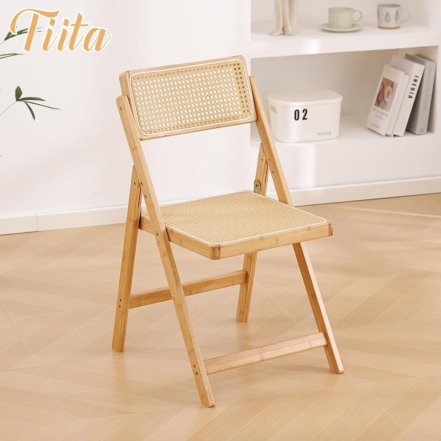Tiita Rattan Dining Chairs Set of 1, Mid Century Modern Folding Chair, Bamboo Folding Dining Chairs for Small Space, Dining Room, Living Room, Bedroom, Wood