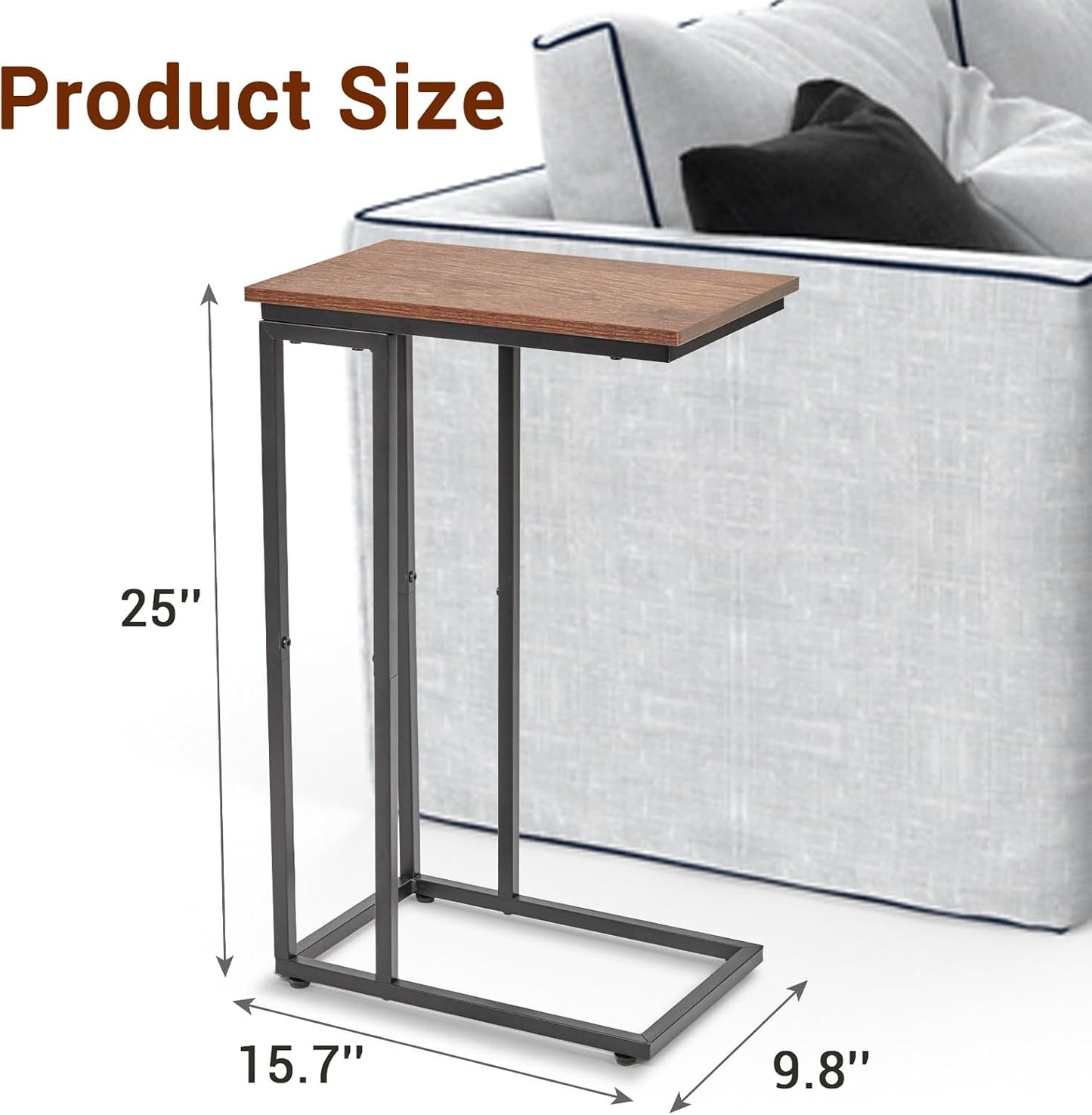 C-Shaped End Table, TV Tray Set of 2, Couch Side Laptop Table, for Living Room, Bedroom, Small Spaces, Rustic Brown and Black, 2 Pack