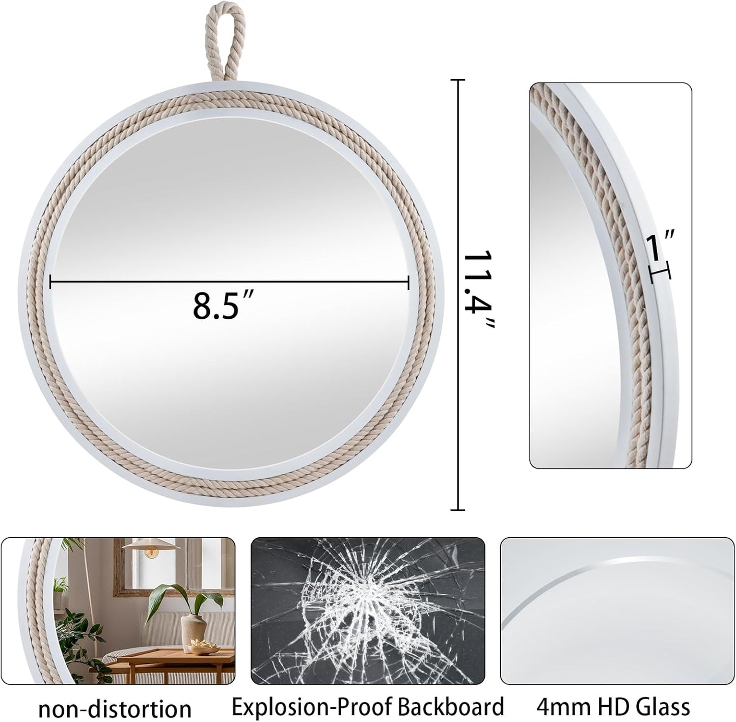 Small Decorative Mirror 11.4'' Round Hanging Mirror for Wall Nautical Rope Mirror for Bathroom Office Living Room All Occasions, White Round Rope,Mirror,Nautical Theme