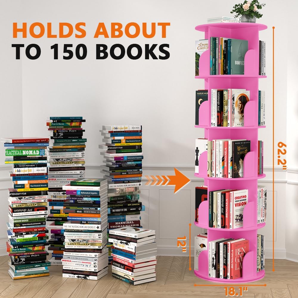Nidouillet Rotating Bookshelf Tower, 5 Tier Spinning Bookcase Lazy Susan, Revolving 360 Book Shelf Storage Round Organizer, Vertical Rotate Turning Corner Book Case for Small Space, Pink