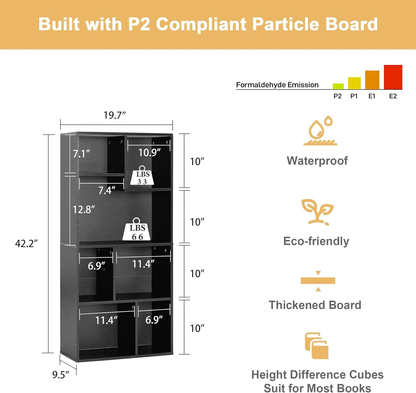 VECELO 42 Inch High Bookcase, 4-Tier Modern Storage Cabinet with Height Difference Shelves for Standard Textbooks, Floor Standing, 7 Cubes, Horizontal Available, Easy Assembly, Vintage Black