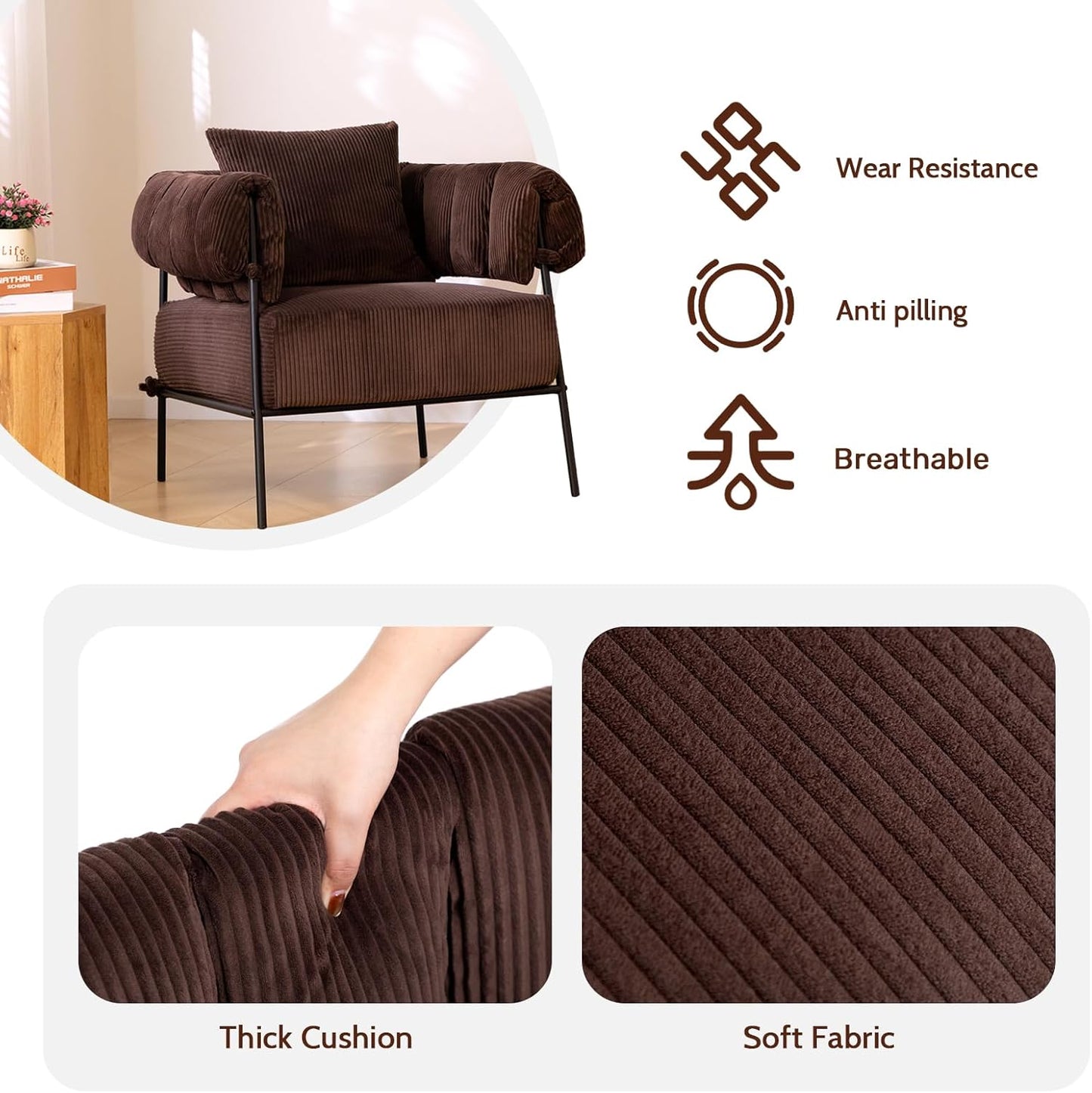 HollyHOME Modern Velvet Accent Chair with Ottoman, Upholstered Comfy Reading Chair and Footstool, Fabric Large Lazy Arm Chair and Stool, Lounge Sofa Chair for Living Room, Bedroom, Coffee Chair&Stool