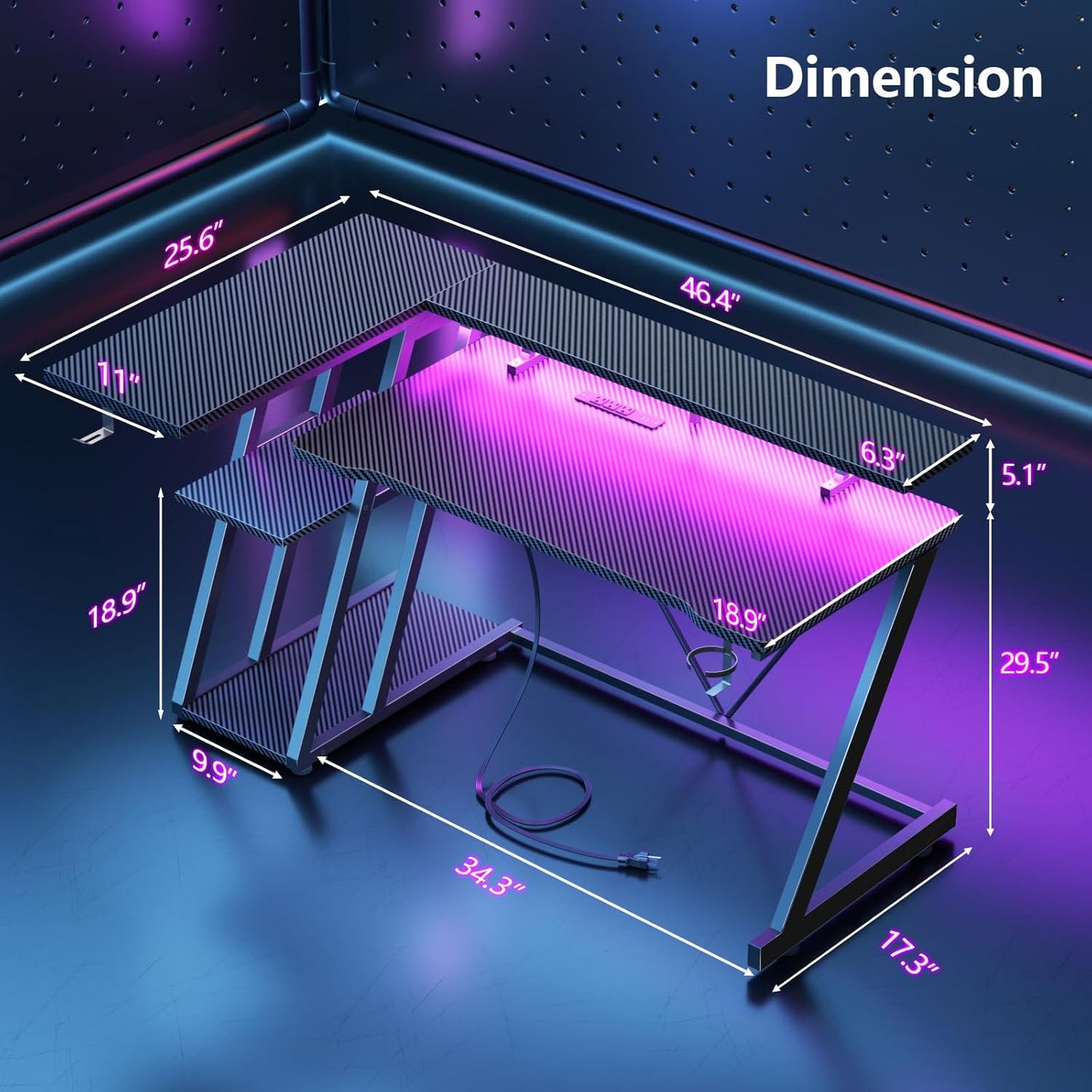 47 Inch Gaming Desk with Power Outlet & LED Lights, Corner Computer Desk with 3 Tiers Storage Shelves, Home Office Desk with Monitor Stand for Small Space, Carbon Fiber Black