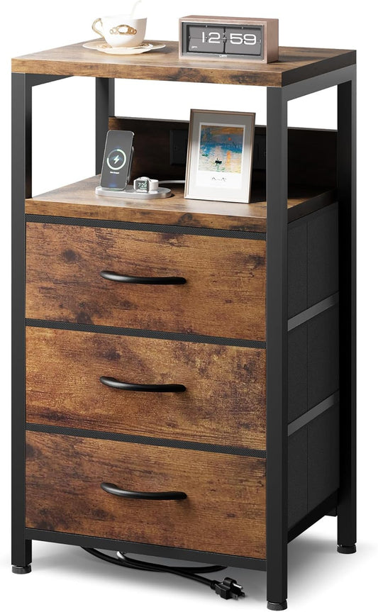 NightStand Bedside Charging Table Bedroom - Night Stand with Charger Station, Modern Nightstand with Open Shelf & 3 Fabric Drawers, Bed Side Table USB-C USB Ports & AC Outlets for Dorm Living Room
