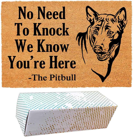 Funny Coir Doormat with The Pitbull Dog We Know You are Here - Front Door Mat, Entryway Welcome Mat, 23.7 x 15.7 inch