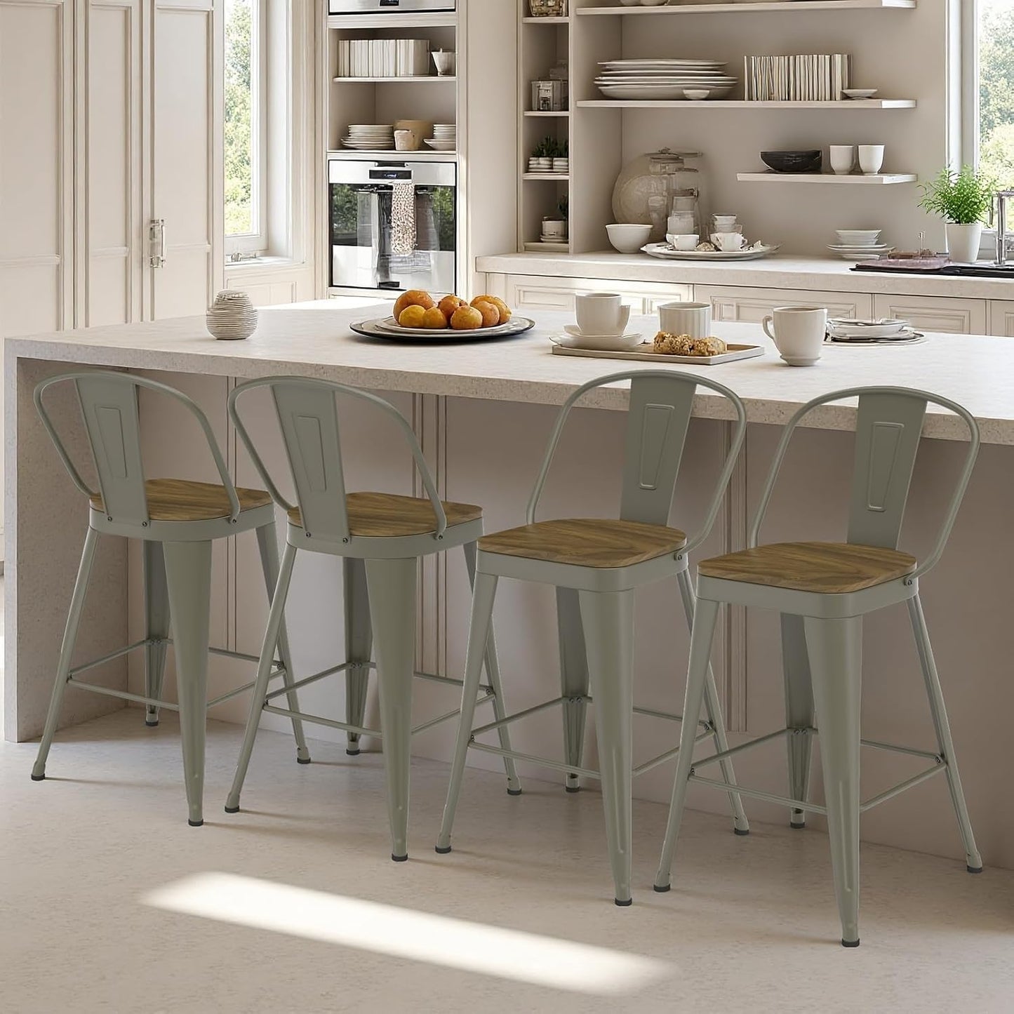 Metal Bar Stools Set of 4, High Back Bar Stools with Wooden Seat, 24 inch Rusty Barstools for Kitchen Island