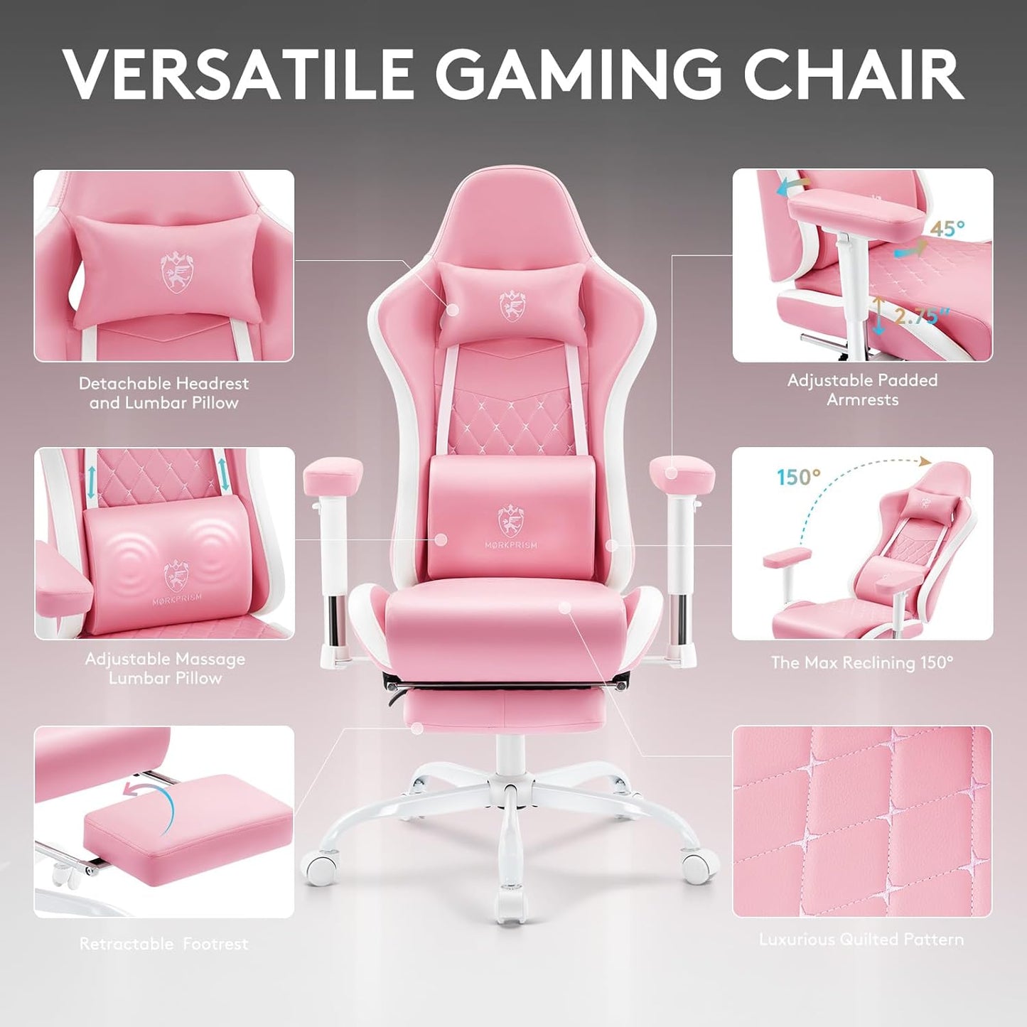 Gaming Chair,Computer Office Chair with Footrest,Massage Lumbar Support and Gel Pad,Ergonomic Reclining Leather Gamer Chair with Headrest,Adjustable Armrests and Spring Cushion Pink