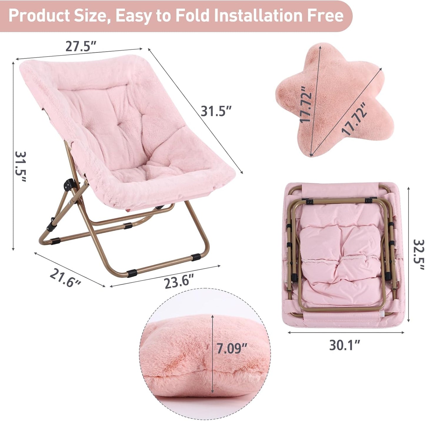 Welnow Comfy Saucer Chair, Oversized Folding Reading Chair for Adults with Throw Pillow Soft Faux Fur Lounge Chair for Bedroom Furry Accent Chair for Living Room, Dorm Rooms, Pink