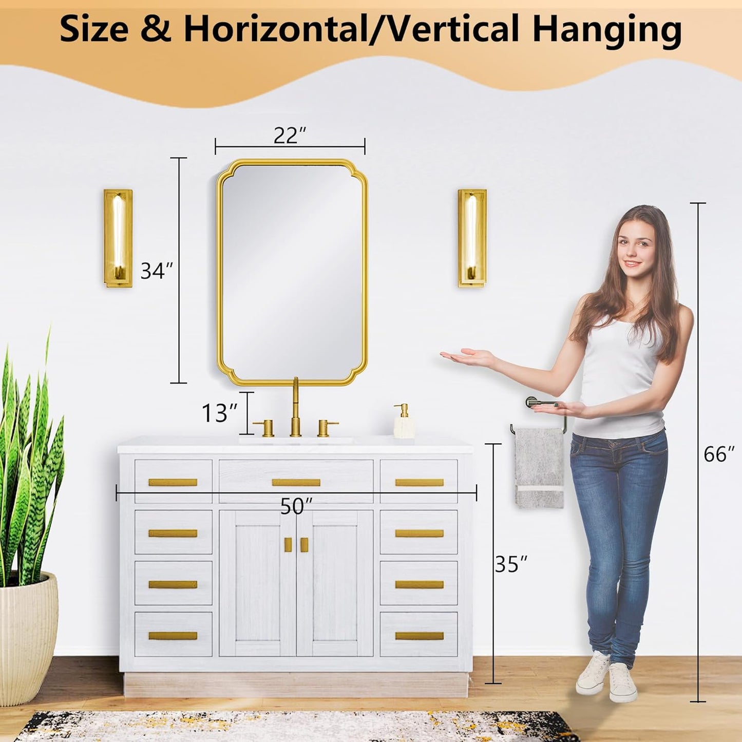 22x34 Inch Gold Bathroom Mirror, Metal Framed Wall Mirror with Rounded Edges, Rustproof Horizontal Vertical Hanging for Vanity Over Sink